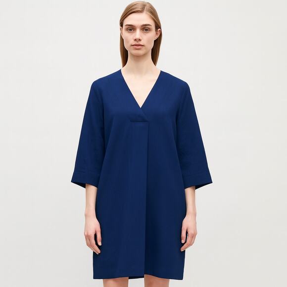 COS Navy Blue Minimalist V-Neck Shift Dress Size 8 US 3/4 Sleeve Knee Length - Picture 1 of 7